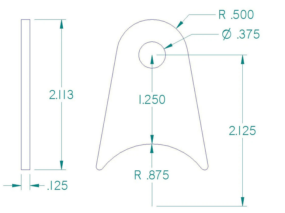 RADIUS FLAT TAB 3/8" HOLE, 1 1/4" HEIGHT, 1 3/4" TUBE