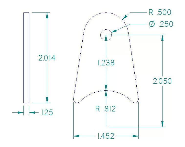 RADIUS FLAT TAB 3/8" HOLE, 1 3/16" HEIGHT, 1 1/4" TUBE, 1/8" THICK