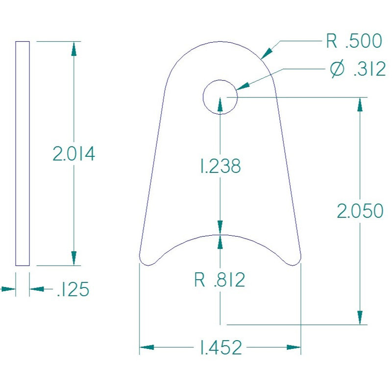 RADIUS FLAT TAB 5/16" HOLE, 1 3/16" HEIGHT, 1 5/8" TUBE, .120" THICK