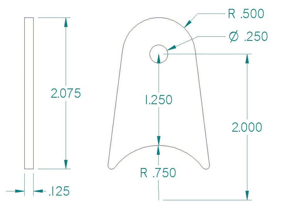 RADIUS FLAT TAB 1/4" HOLE, 1 1/4" HEIGHT, 1 1/2" TUBE