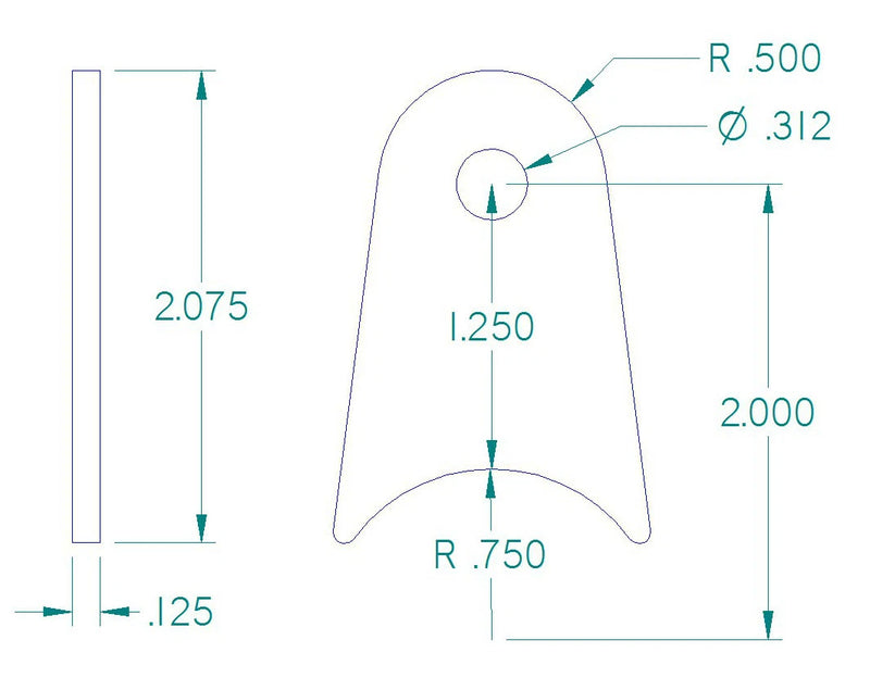 RADIUS FLAT TAB 5/16" HOLE, 1 1/4" HEIGHT, 1 1/2" TUBE