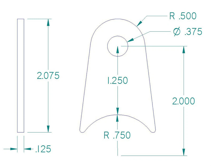 RADIUS FLAT TAB 3/8" HOLE, 1 1/4" HEIGHT, 1 1/2" TUBE